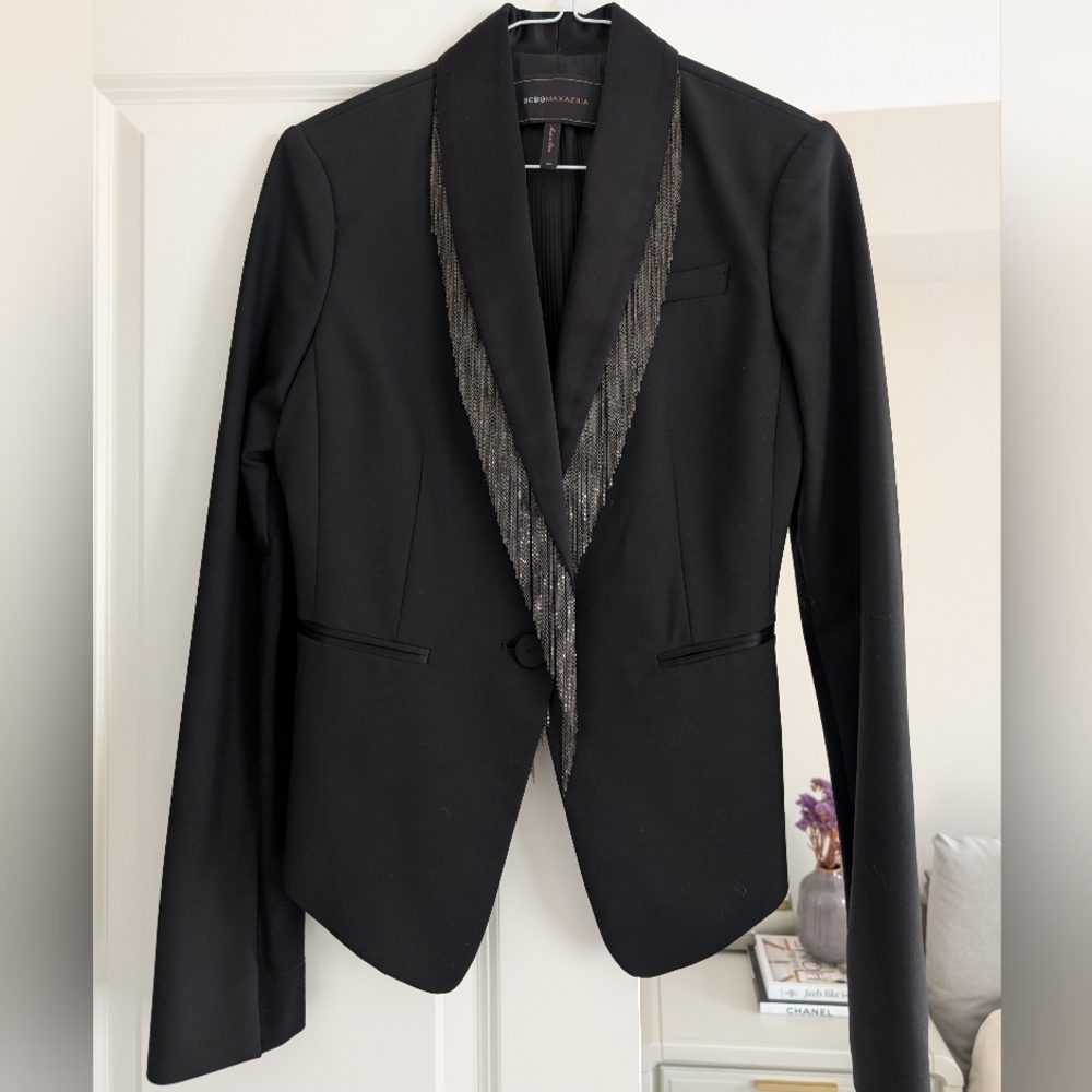 BCBGMaxAzria Black Blazer with Metal Fringe Accents - XS